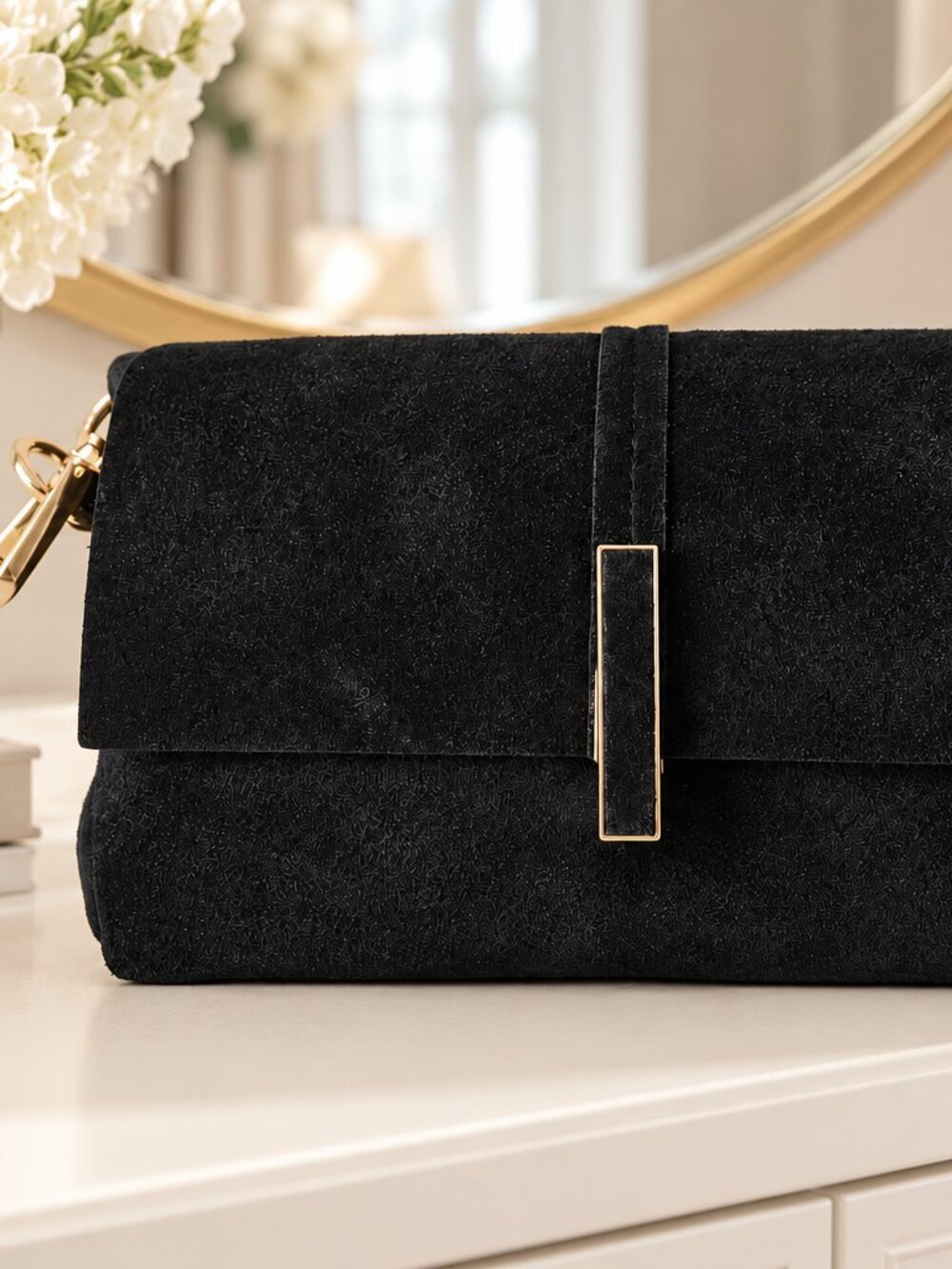 Black Suede Crossbody Purse, Italian Leather Shoulder Bag, Small Structured Hand